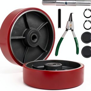 Legines Pallet Jack/Truck Steering Wheels Set with Axle, Fasteners and Protective Caps (2 pcs) 7" x 2" with Bearings ID 20mm Poly Tread Red With Tools (Assembled)-0