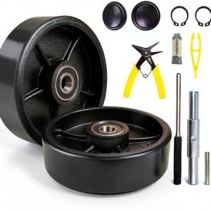 Pallet Jack/Truck Steering Wheels Set with Axle, Fasteners and Protective Caps (4 pcs) 7" x 2" with Bearings ID 20mm Poly Tread BLACK-0