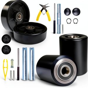 Pallet Jack/Truck FULL SET BLACK with Back Axle, Steering Wheels 7"x 2" Pair, Front Load Roller 3" x 3.75" Pair with Bearings ID 20mm Poly Tread Black With Entry Exit Roller and Protective Caps-0