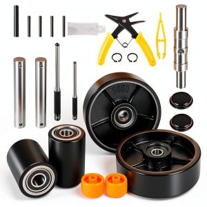 PTH50 For Crown Pallet Jack Wheels Full Set with Axles, Pair of Steering Wheels 7" x 2" and Front Load Roller 2.76"x 3.74" with Bearings ID 20mm, Poly Tread Black-0