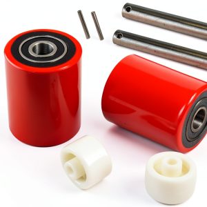 Pallet Jack/Truck Load Wheels Set with Axles and Entry Exit Roller (4 pcs) 2.75" x 3.75" with Bearings ID 20mm Poly Tread Red-0